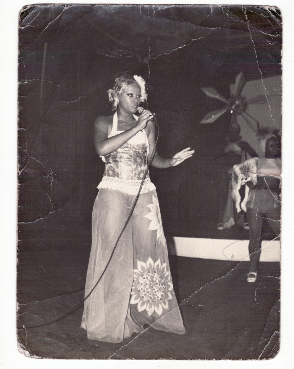 Veronica Garcia dressed as Ochún on stage. Photographed by “Archivo Sierra Maestra.”Santiago, Cuba. 1970s. Silver gelatin print.
